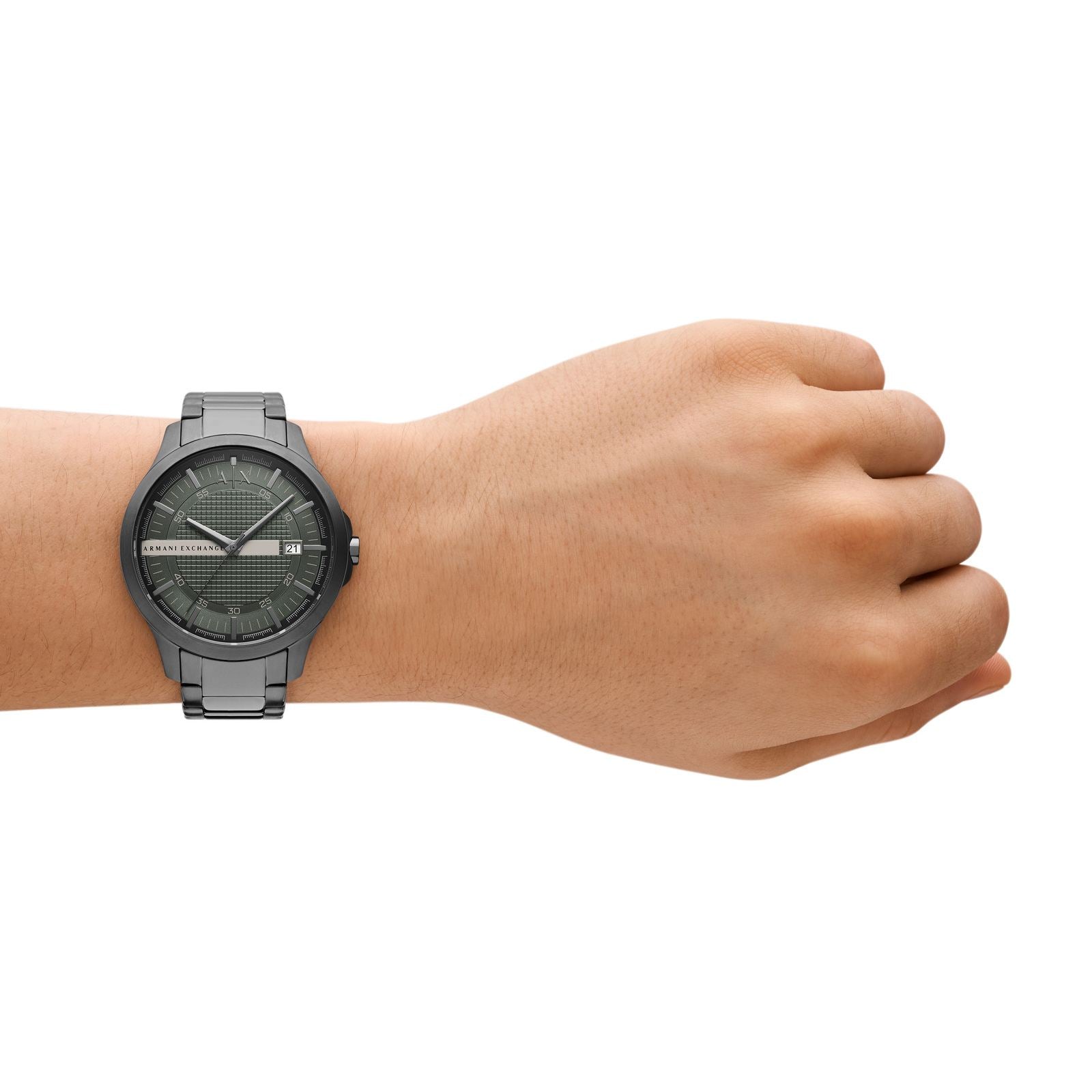 Armani Exchange AX2455I Men's Quartz Analog Watch Green Textured Dial Gunmetal Stainless Steel Bracelet