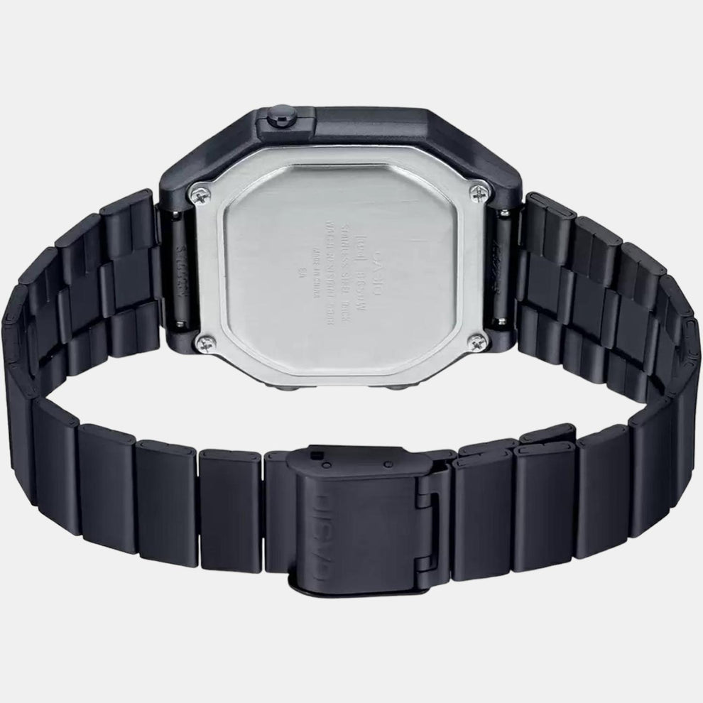 Casio D199 Vintage Unisex Digital Quartz Watch with Black Dial, Black Stainless Steel Strap