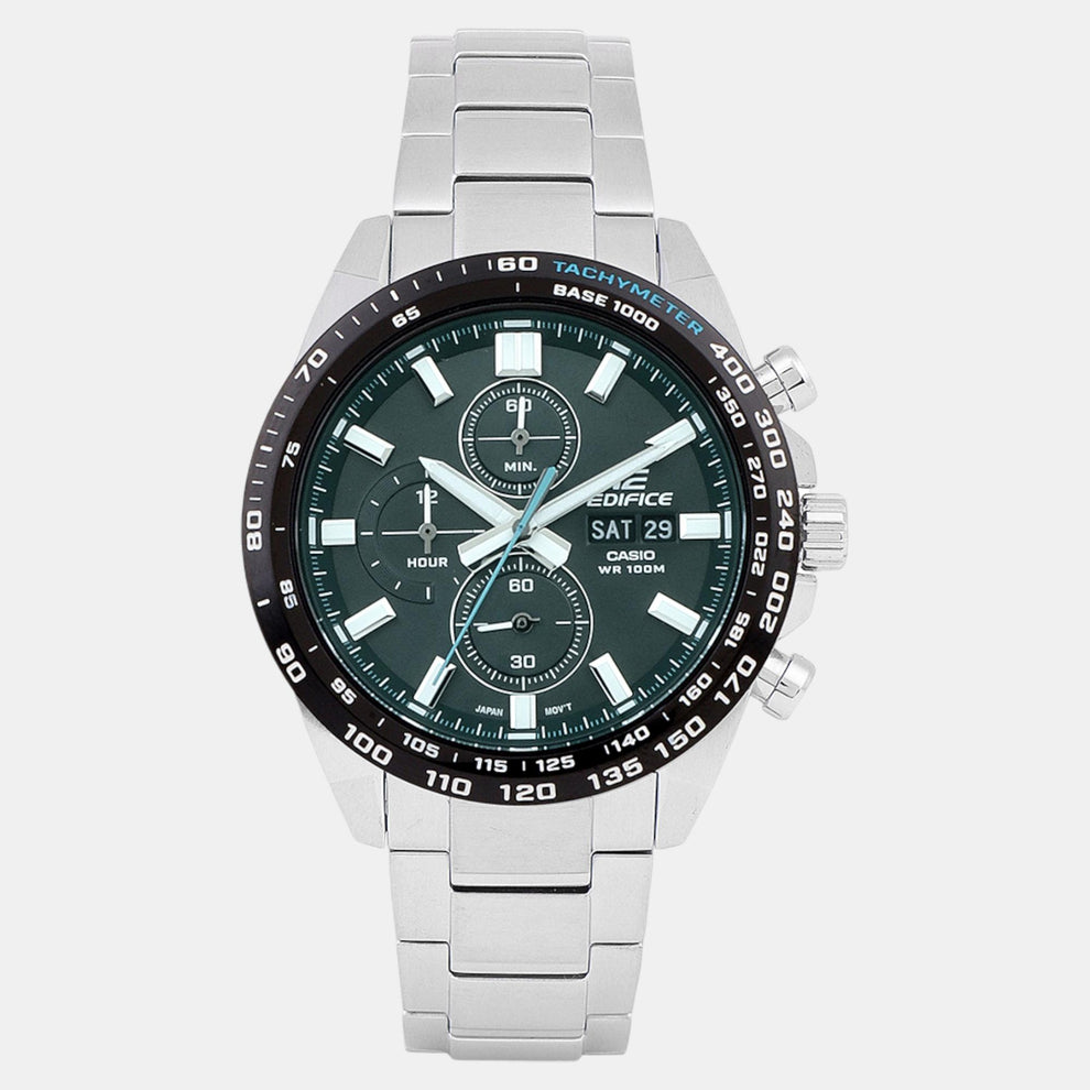 Casio ED595 Edifice Men’s Quartz Chronograph Watch with Green Dial & Silver Stainless Steel Strap