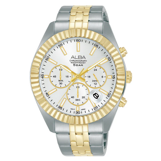 Alba AT3H14X1 Men’s Chronograph Watch with Silver-White Dial & Two-Tone Stainless Steel Strap