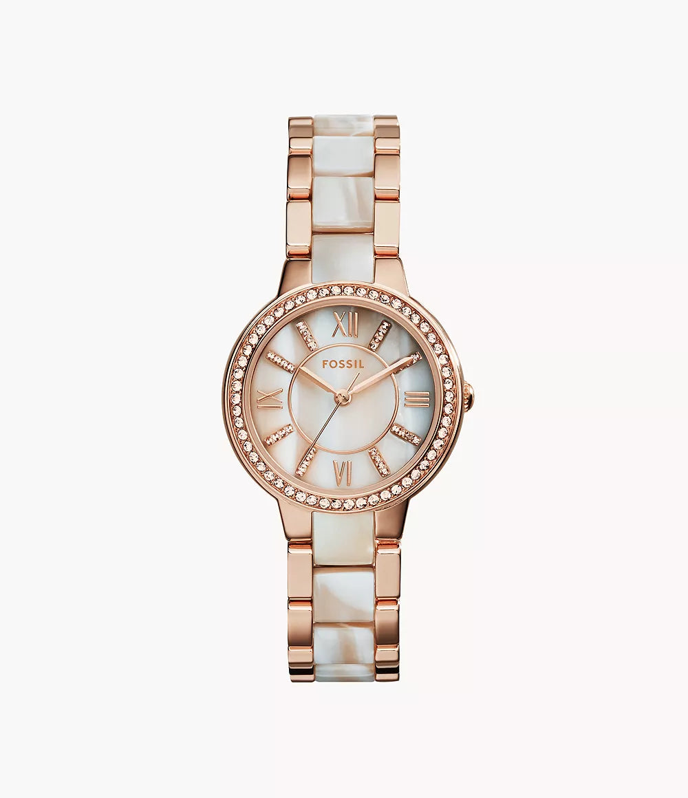 Fossil ES3716 Virginia Quartz Analog Rose Gold Dial Stainless Steel and Acetate Women’s Watch