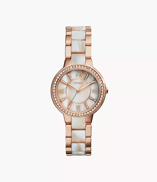 Fossil ES3716 Virginia Quartz Analog Rose Gold Dial Stainless Steel and Acetate Women’s Watch