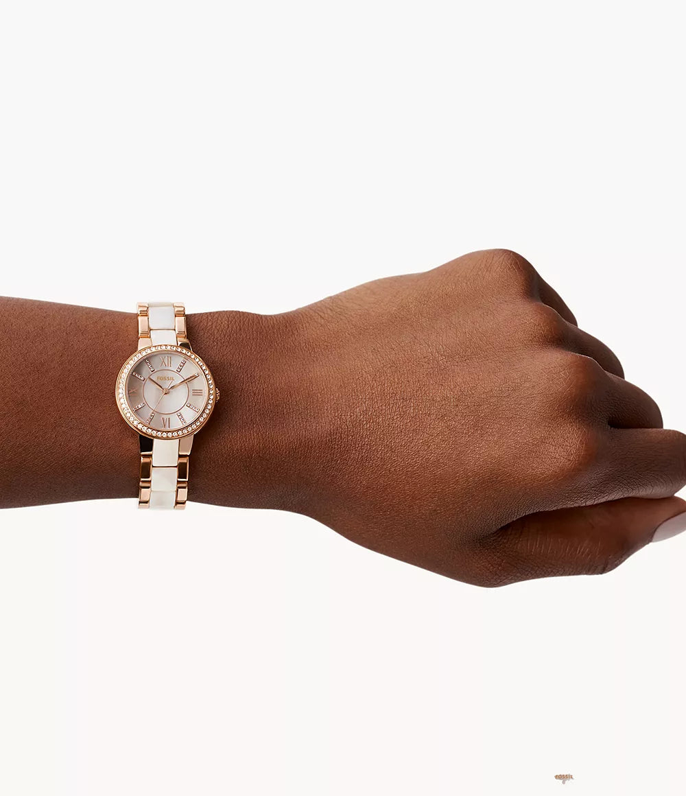 Fossil ES3716 Virginia Quartz Analog Rose Gold Dial Stainless Steel and Acetate Women’s Watch
