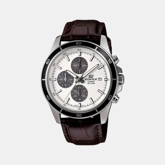 Casio Edifice EX097 Quartz Analog Men’s Chronograph Watch with Silver White Dial, Brown Leather Strap