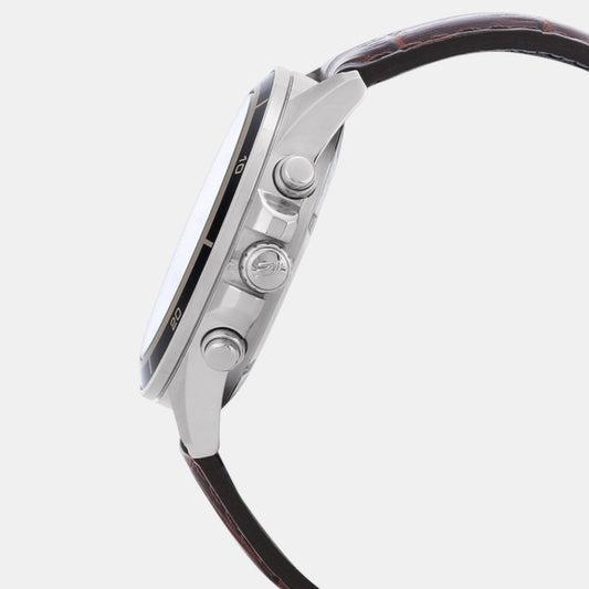 Casio Edifice EX097 Quartz Analog Men’s Chronograph Watch with Silver White Dial, Brown Leather Strap