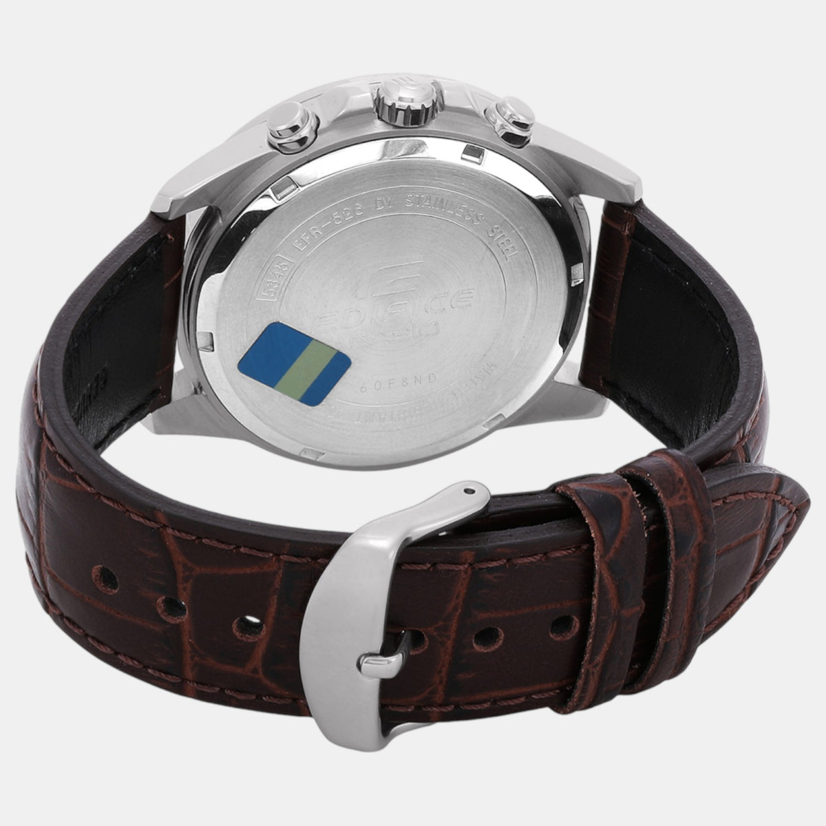 Casio Edifice EX097 Quartz Analog Men’s Chronograph Watch with Silver White Dial, Brown Leather Strap
