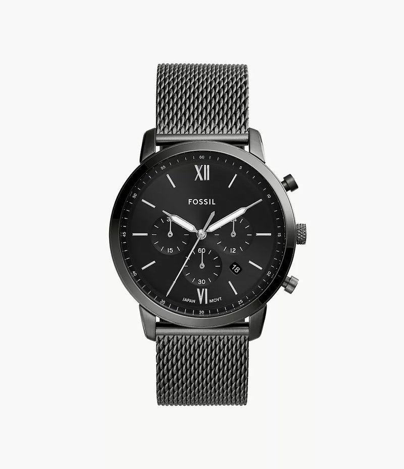 Fossil FS5699I Men's Quartz Chronograph Watch Black Dial Smoke Stainless Steel Mesh Strap