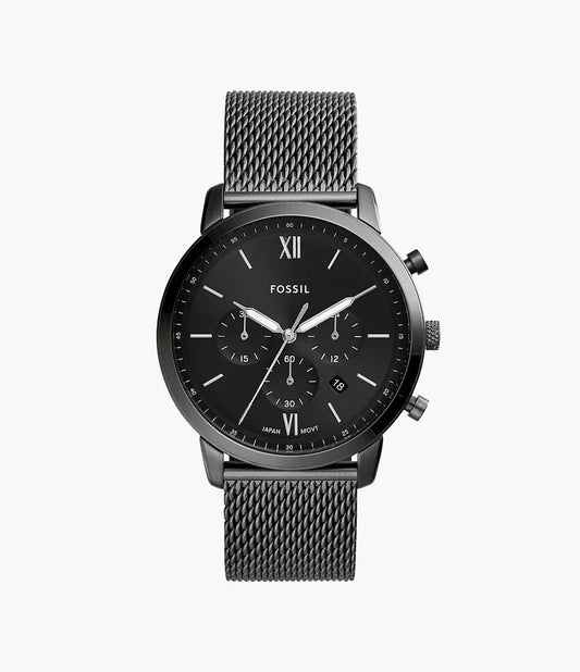 Fossil FS5699I Men's Quartz Chronograph Watch Black Dial Smoke Stainless Steel Mesh Strap