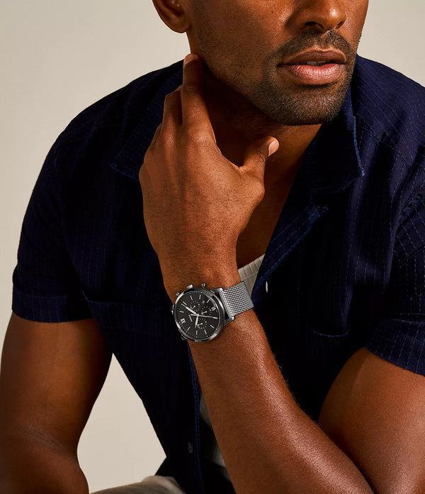 Fossil FS5699I Men's Quartz Chronograph Watch Black Dial Smoke Stainless Steel Mesh Strap