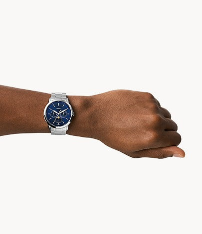 Fossil FS5907I Men's Quartz Moonphase Multifunction Watch Blue Dial Silver Stainless Steel Strap