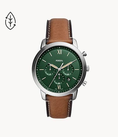 Fossil FS5963I Men's Quartz Chronograph Watch Green Dial Brown Leather Strap