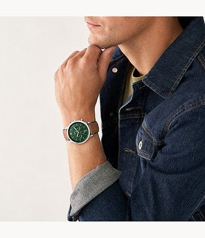Fossil FS5963I Men's Quartz Chronograph Watch Green Dial Brown Leather Strap