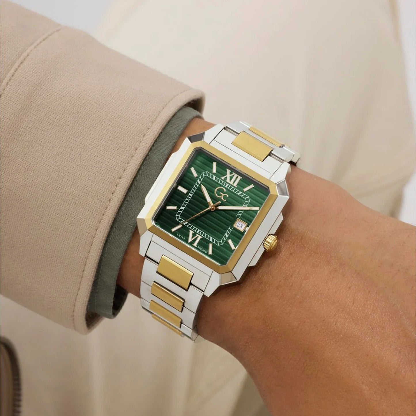 GC Z74004G9 SquareCut Metal Men's Swiss Made Green Analog Watch