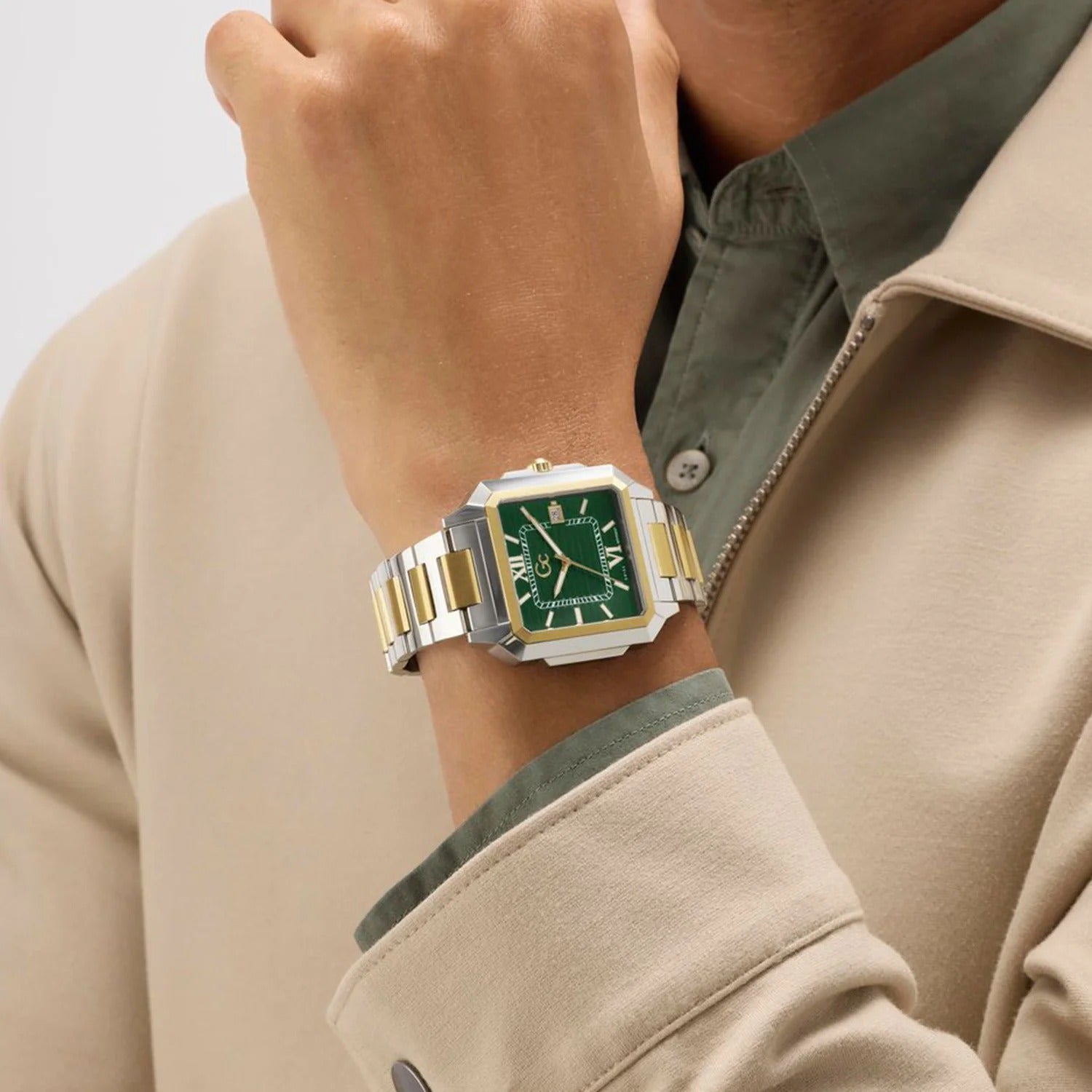 GC Z74004G9 SquareCut Metal Men's Swiss Made Green Analog Watch