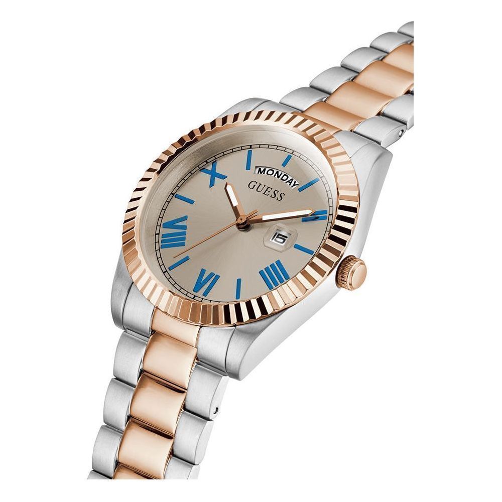 GUESS GW0265L14 Quartz Men’s Connoisseur Two-Tone Day/Date Analog Watch with Champagne Dial & Recycled Steel Strap