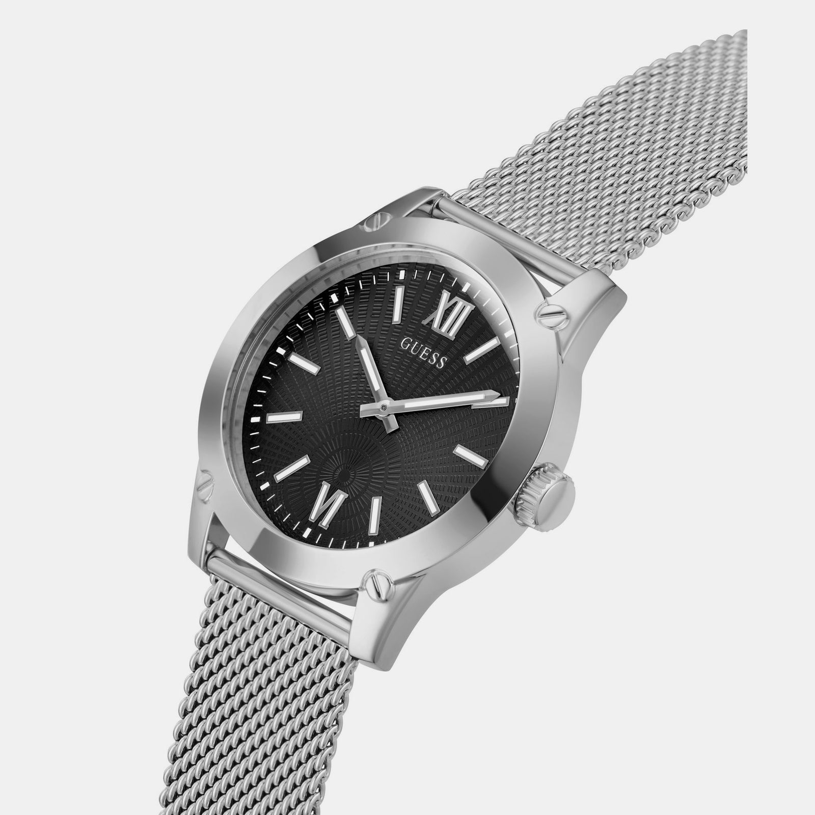 Guess GW0629G1 Quartz Analog Black Dial Men’s Watch with Silver Stainless Steel Mesh Strap