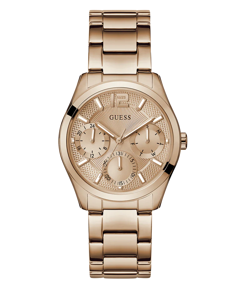 GUESS GW0760L3 Zoe Women's Quartz Multifunction Watch Rose Gold Sunray Dial Rose Gold Stainless Steel Bracelet