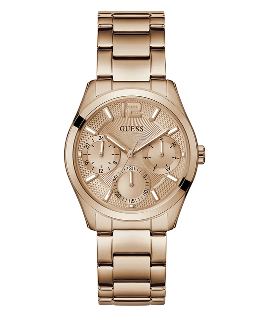 GUESS GW0760L3 Zoe Women's Quartz Multifunction Watch Rose Gold Sunray Dial Rose Gold Stainless Steel Bracelet