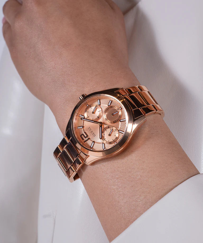 GUESS GW0760L3 Zoe Women's Quartz Multifunction Watch Rose Gold Sunray Dial Rose Gold Stainless Steel Bracelet