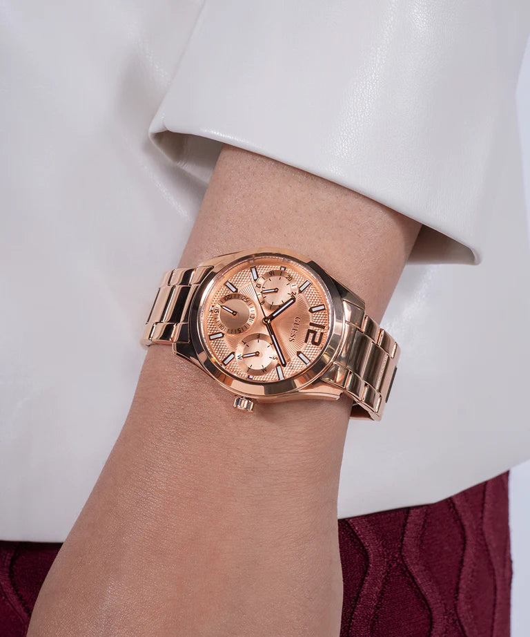 GUESS GW0760L3 Zoe Women's Quartz Multifunction Watch Rose Gold Sunray Dial Rose Gold Stainless Steel Bracelet