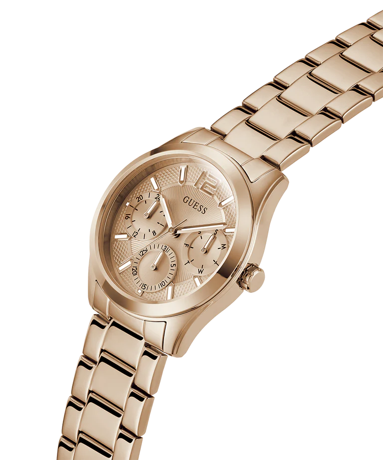 GUESS GW0760L3 Zoe Women's Quartz Multifunction Watch Rose Gold Sunray Dial Rose Gold Stainless Steel Bracelet