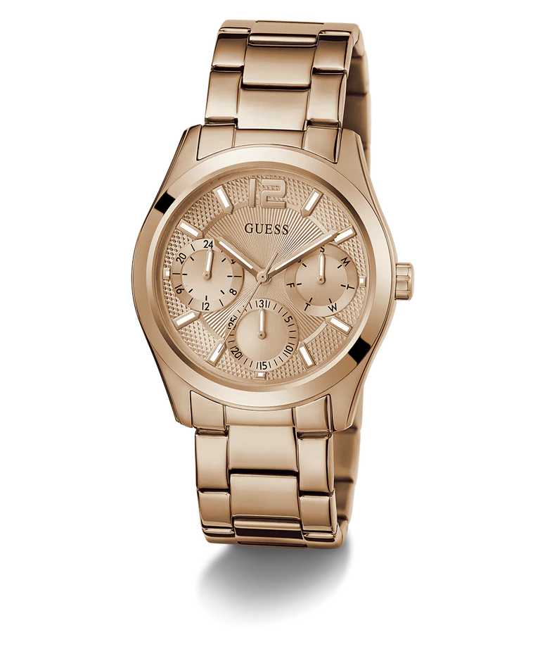 GUESS GW0760L3 Zoe Women's Quartz Multifunction Watch Rose Gold Sunray Dial Rose Gold Stainless Steel Bracelet