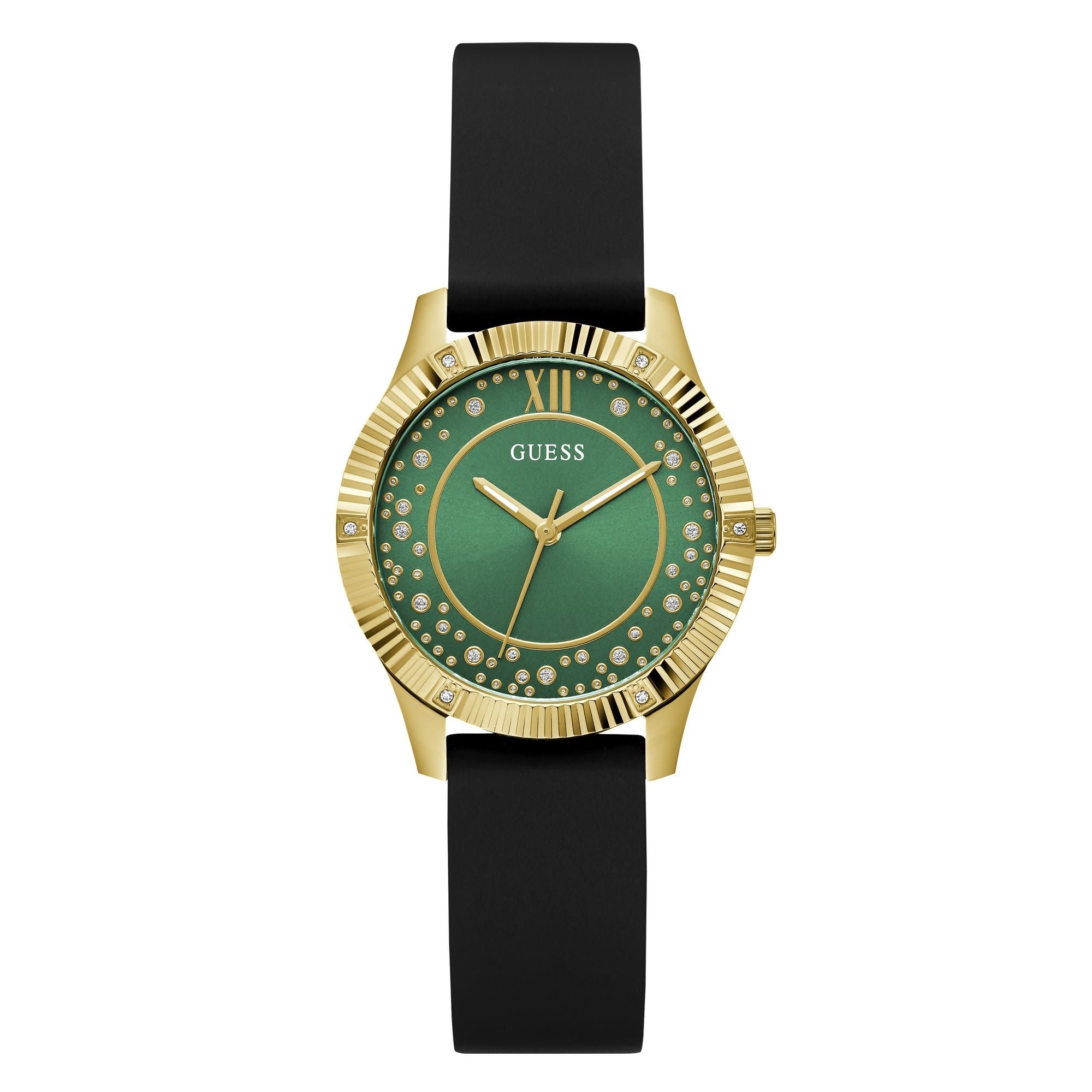 GUESS GW0766L3 Quartz Women’s Starstruck Gold-Tone Analog Watch with Green Dial & Black Silicone Strap