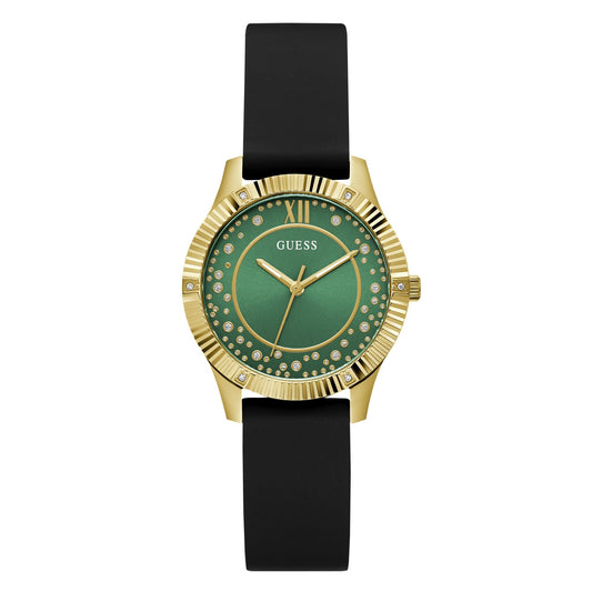 GUESS GW0766L3 Quartz Women’s Starstruck Gold-Tone Analog Watch with Green Dial & Black Silicone Strap