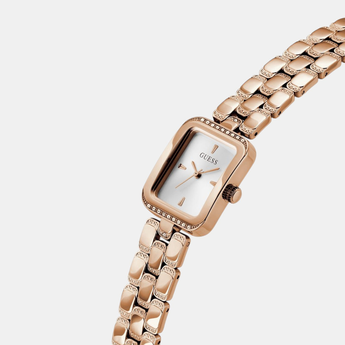 GUESS‑GW0865L3 Bejeweled 22 mm Silver‑Dial Stainless Steel Analog Watch Rose Gold-Tone Crystal-Accented Analog Quartz Watch