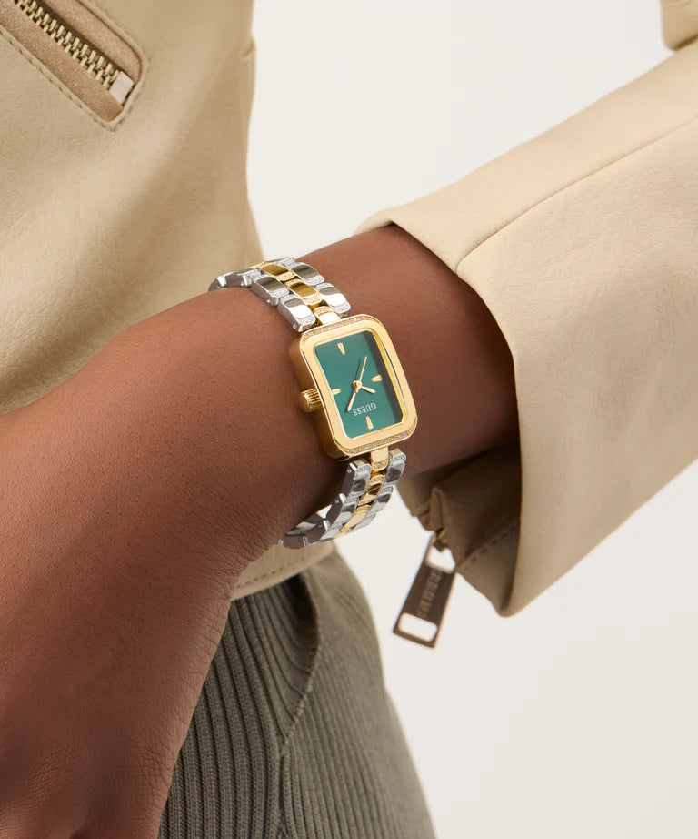 GUESS GW0865L6 Quartz Women’s Isla Two-Tone Gold & Silver Analog Watch with Green Rectangle Dial