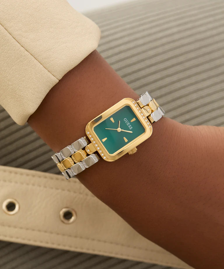 GUESS GW0865L6 Quartz Women’s Isla Two-Tone Gold & Silver Analog Watch with Green Rectangle Dial