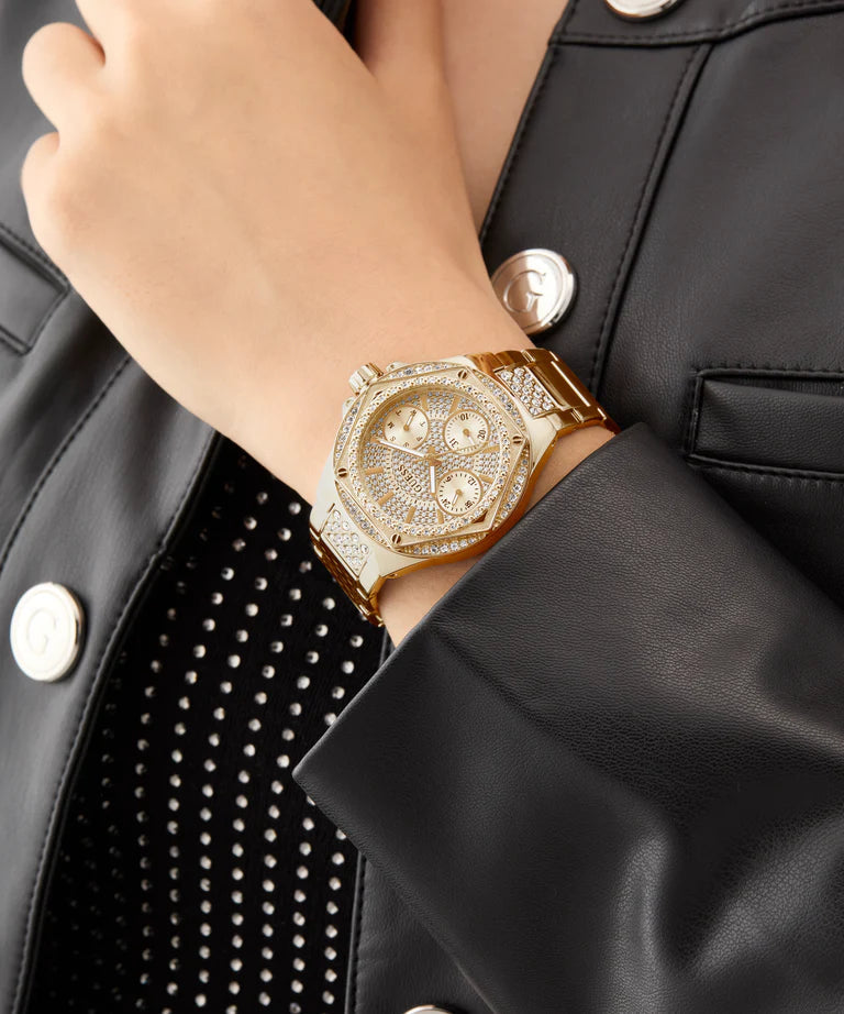 Guess GW0878L2 Women's Quartz Multifunction Watch Champagne Dial Gold Stainless Steel Strap