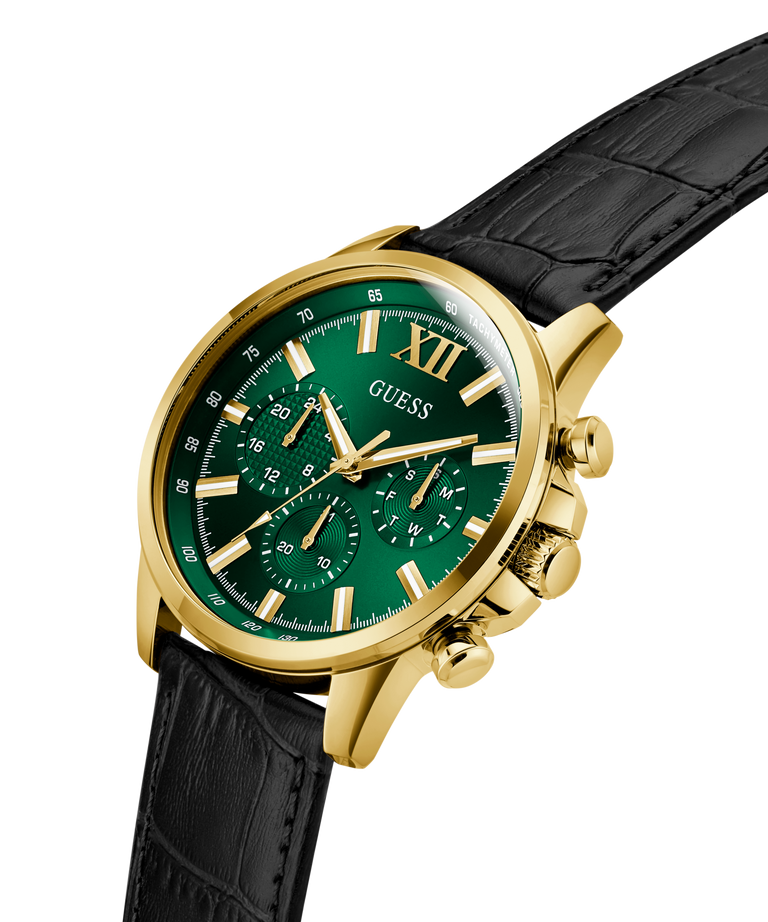 Guess GW0901G4 Analog Quartz Men Green Dial Black Leather Strap Multi-Function Watch