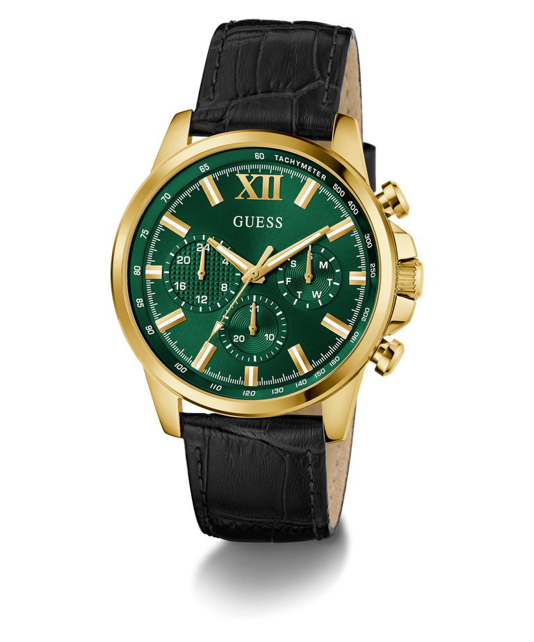 Guess GW0901G4 Analog Quartz Men Green Dial Black Leather Strap Multi-Function Watch