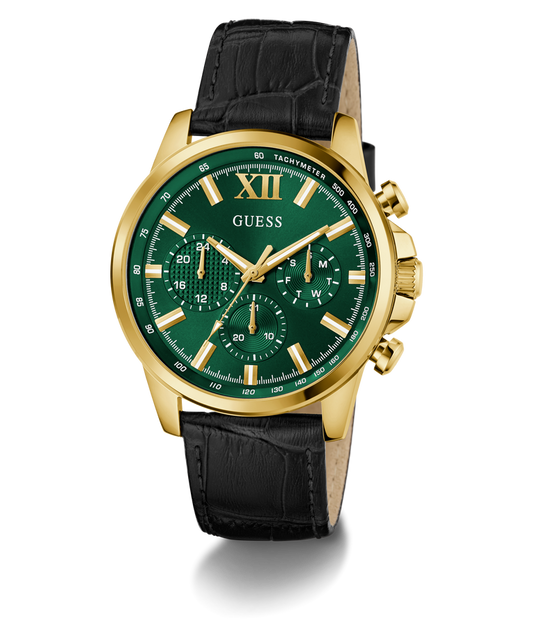 Guess GW0901G4 Analog Quartz Men Green Dial Black Leather Strap Multi-Function Watch