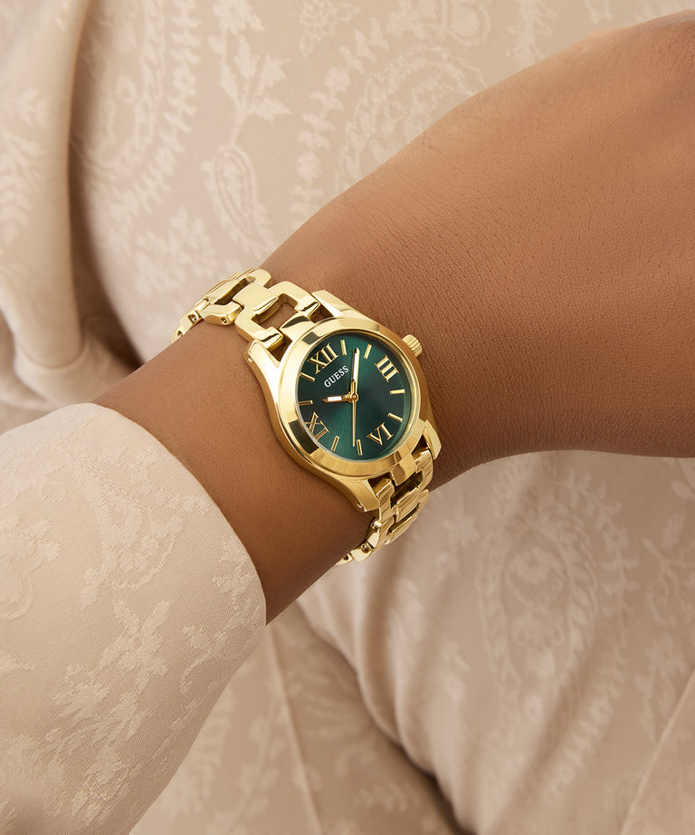 GUESS GW0927L2 Veda Women's Quartz Analog Watch Green Sunray Dial Gold-Tone Stainless Steel Bracelet