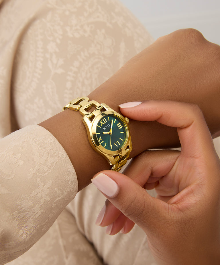 GUESS GW0927L2 Veda Women's Quartz Analog Watch Green Sunray Dial Gold-Tone Stainless Steel Bracelet