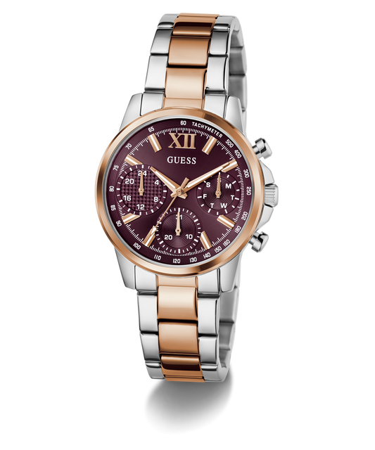 Guess GW0933L5 Analog Quartz Women Burgundy Dial Two-Tone Stainless Steel Bracelet Multi-Function Watch