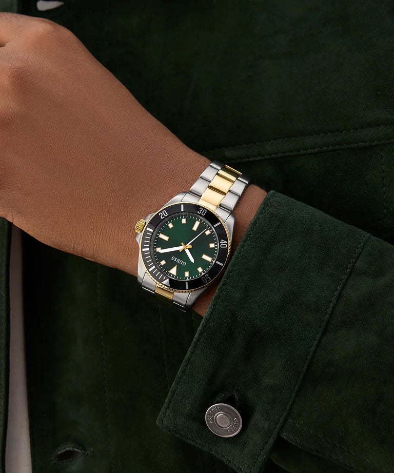 Guess GW0968G4 Men's Quartz Analog Watch Green Dial Two-Tone Stainless Steel Strap