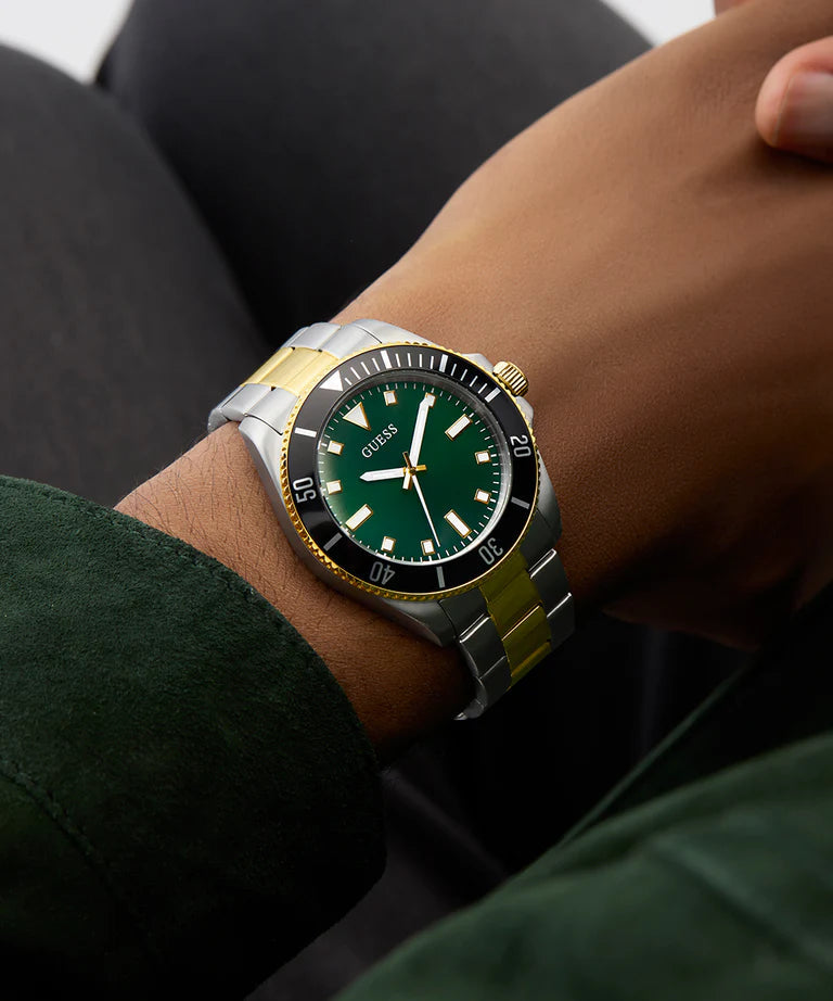 Guess GW0968G4 Men's Quartz Analog Watch Green Dial Two-Tone Stainless Steel Strap