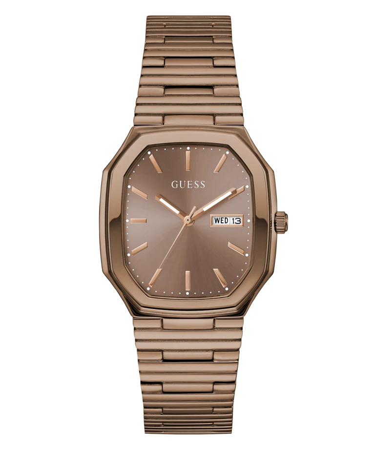 GUESS GW0978G3 Quartz Men’s Oliver Coffee-Tone Rectangle Analog Watch with Bronze Dial & Stainless Steel Strap