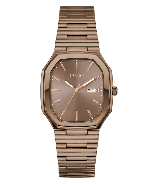 GUESS GW0978G3 Quartz Men’s Oliver Coffee-Tone Rectangle Analog Watch with Bronze Dial & Stainless Steel Strap