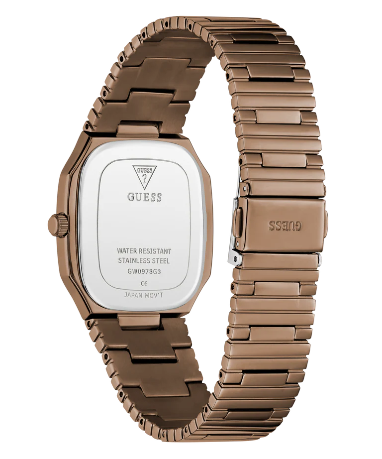 GUESS GW0978G3 Quartz Men’s Oliver Coffee-Tone Rectangle Analog Watch with Bronze Dial & Stainless Steel Strap
