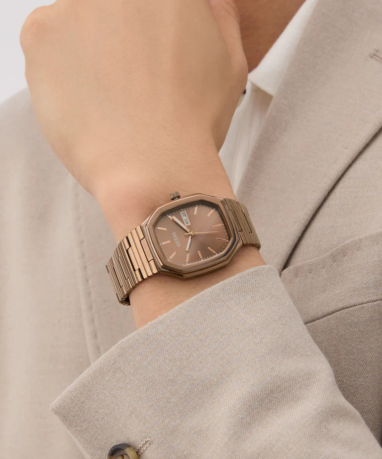 GUESS GW0978G3 Quartz Men’s Oliver Coffee-Tone Rectangle Analog Watch with Bronze Dial & Stainless Steel Strap
