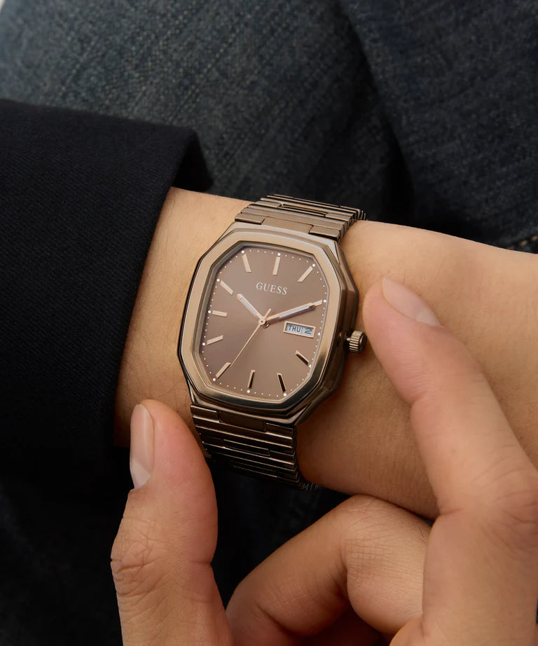 GUESS GW0978G3 Quartz Men’s Oliver Coffee-Tone Rectangle Analog Watch with Bronze Dial & Stainless Steel Strap