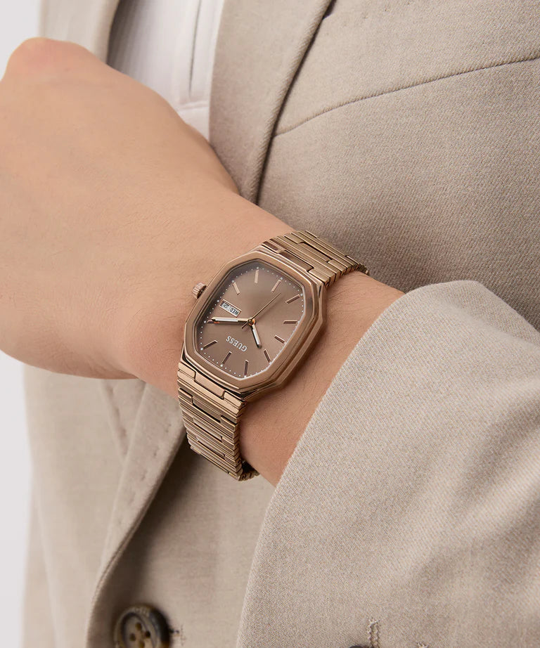 GUESS GW0978G3 Quartz Men’s Oliver Coffee-Tone Rectangle Analog Watch with Bronze Dial & Stainless Steel Strap