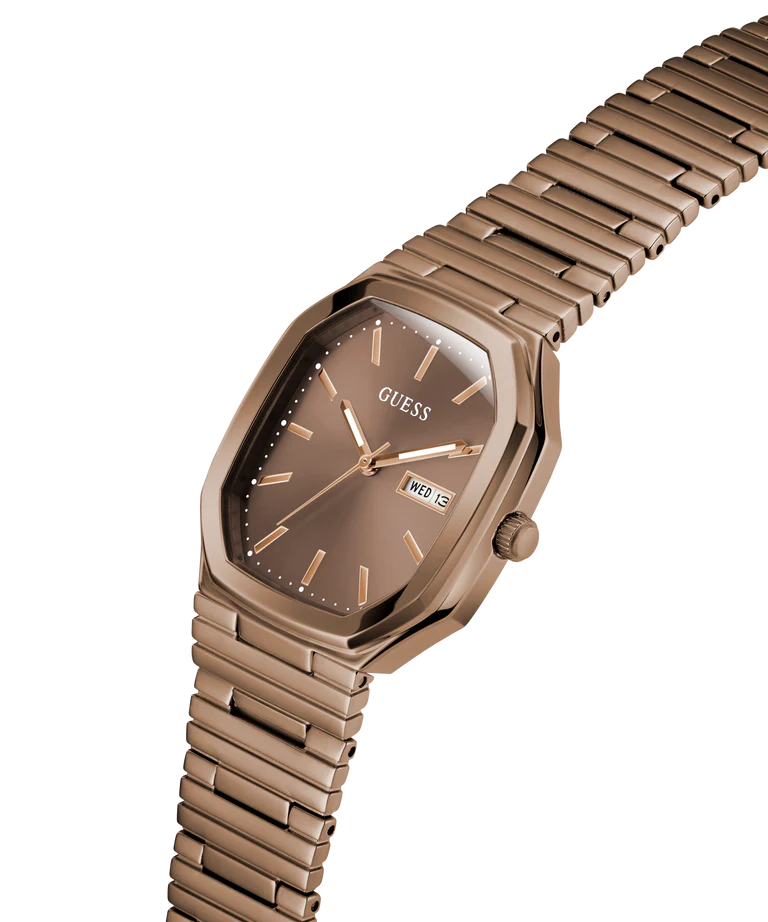 GUESS GW0978G3 Quartz Men’s Oliver Coffee-Tone Rectangle Analog Watch with Bronze Dial & Stainless Steel Strap