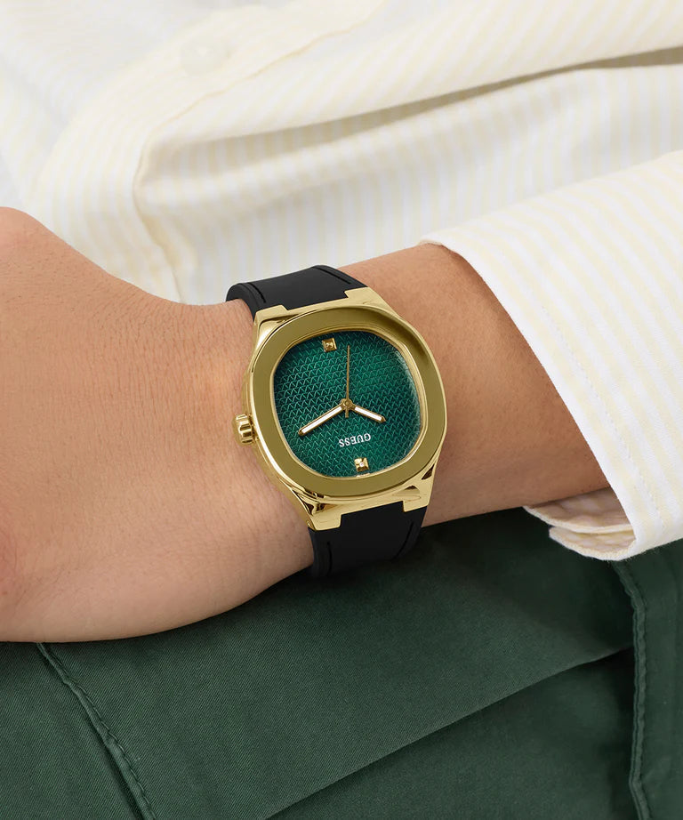 GUESS GW1005G2 Headline Men's Quartz Analog Watch Green Textured Dial Black Silicone Strap