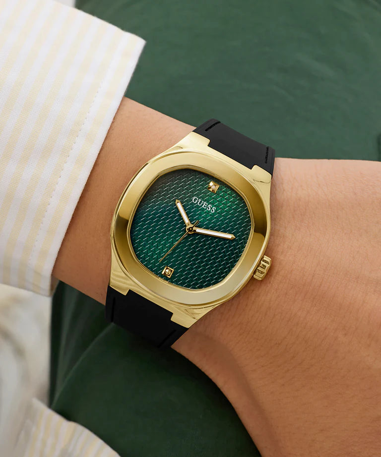 GUESS GW1005G2 Headline Men's Quartz Analog Watch Green Textured Dial Black Silicone Strap