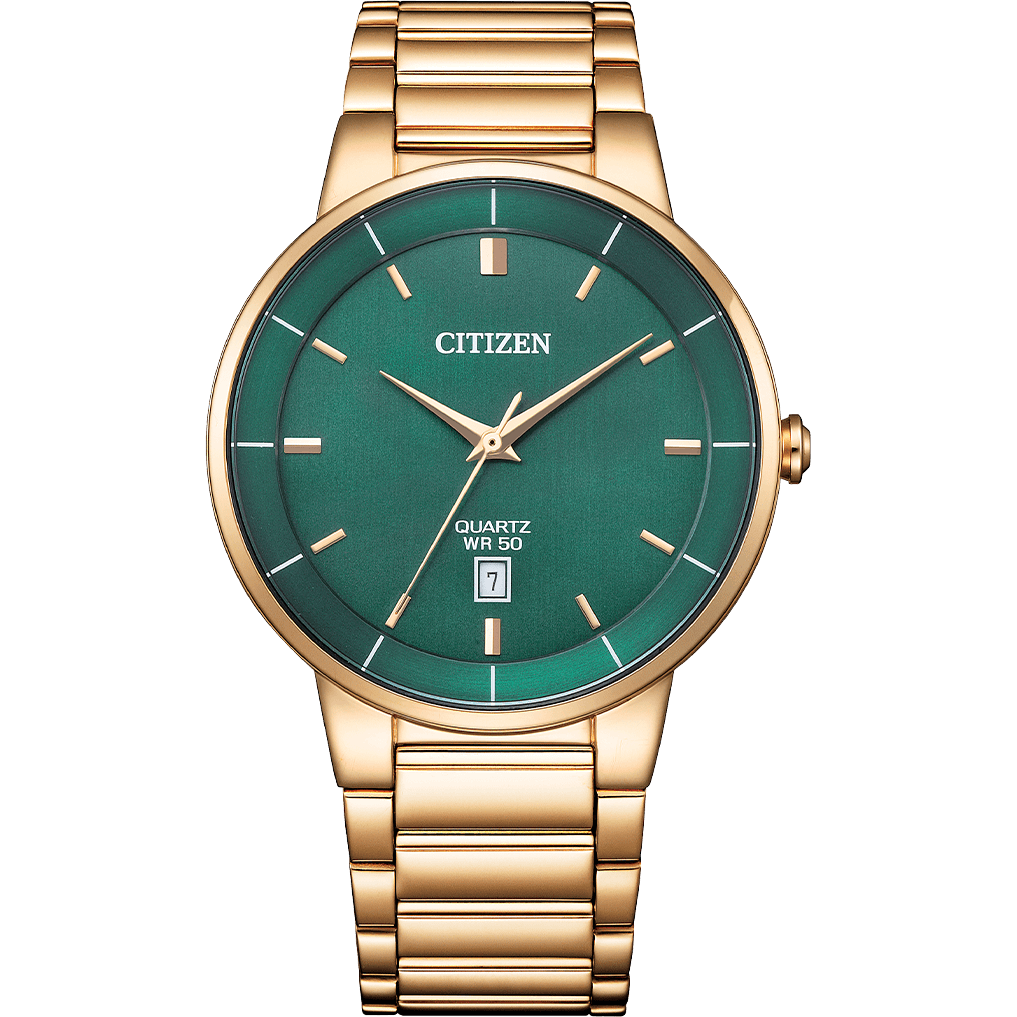 Citizen BI5123-52X Analog Quartz Men’s Watch | Green Dial | Rose-Gold Stainless Steel Bracelet | Date Display | 40 mm | 50 m Water Resistant